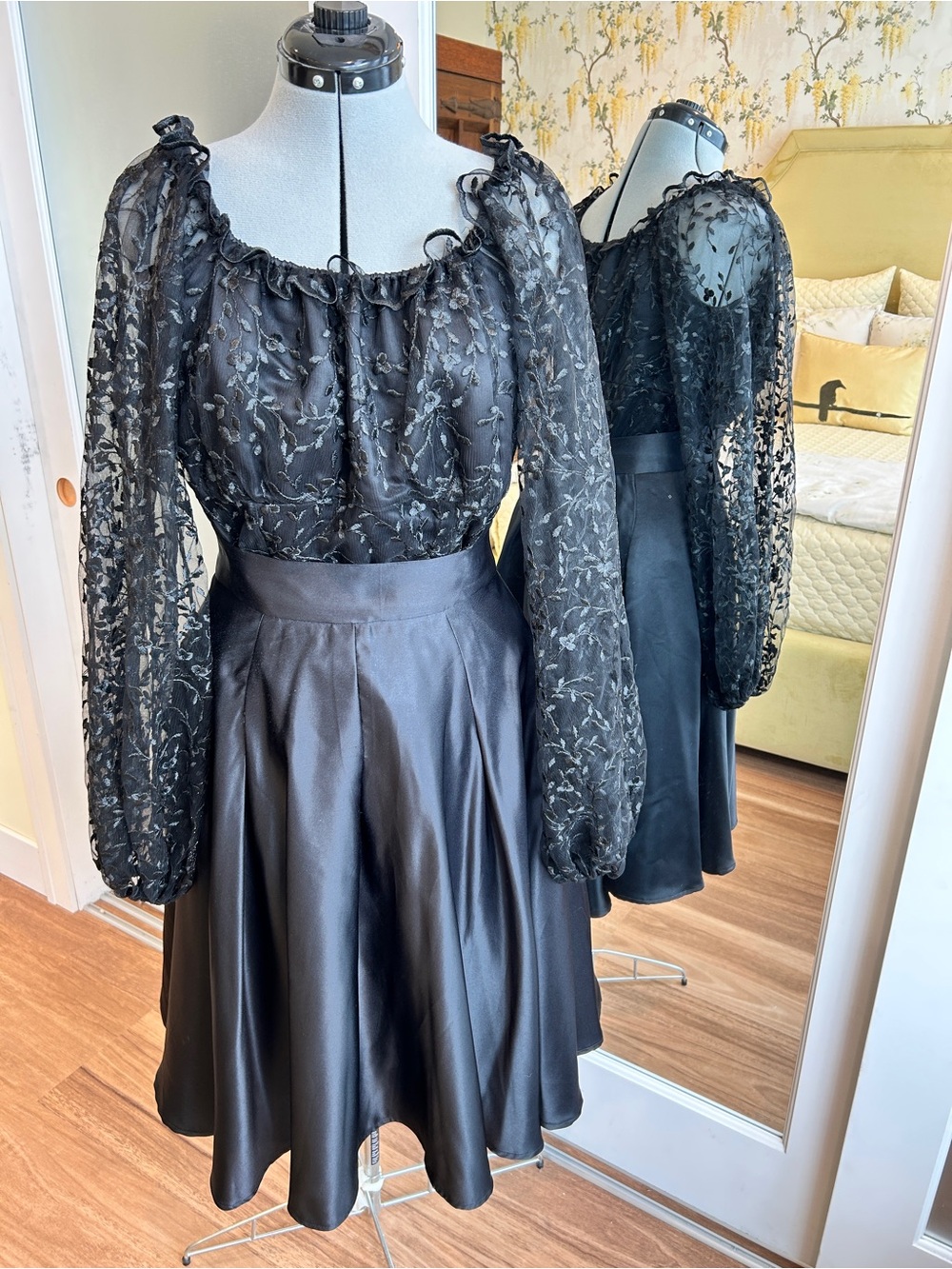 Handmade black lace peasant blouse with satin lining